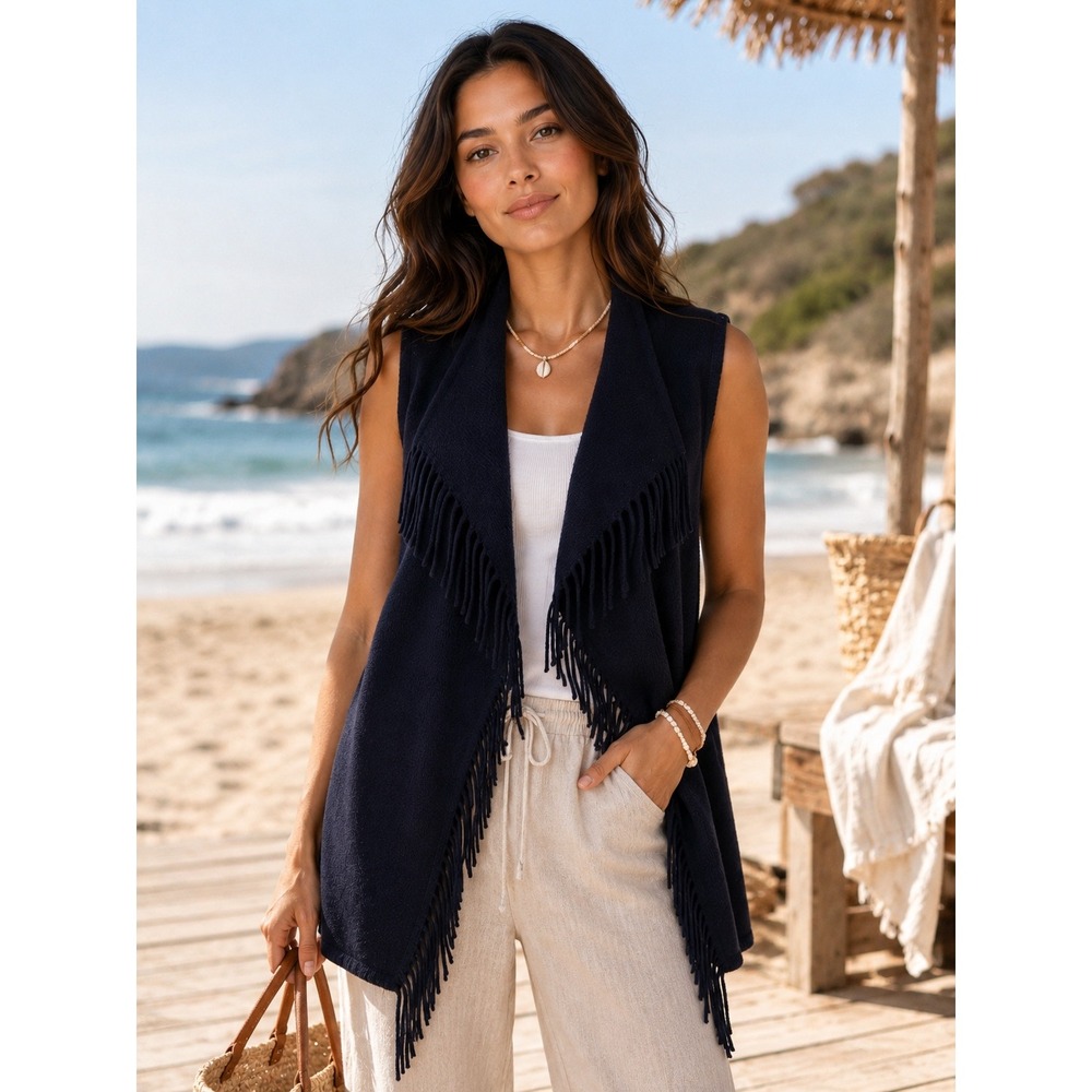 Vineyard Vines Navy Wool Blend Fringe Open Front Vest NWT Medium Coastal Cowgirl - Picture 1 of 10